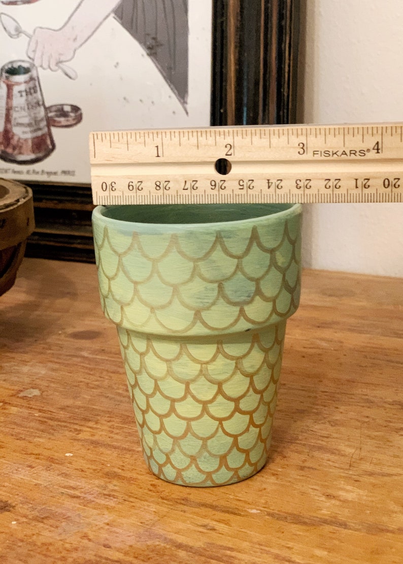Green Mermaid Scales Hand Painted Flower Pot Small Terra Cotta Planter
