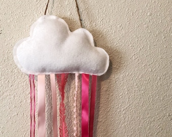 Hair Bow Holder / Hair Clip Display / Hairbow Organizer - Children's Room / Nursery Wall Decor - Cloud with Pink Ribbons