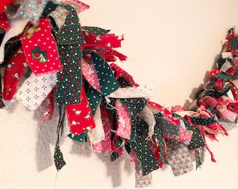 Christmas Inspired Shabby Fabric Garland - Festive Fabric Scrap Garland - Rag Tie Garland - Holiday Decor