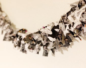 Halloween Inspired Shabby Fabric Garland - Spooky Black and White Fabric Scrap Garland - Rag Tie Garland - Holiday Decor