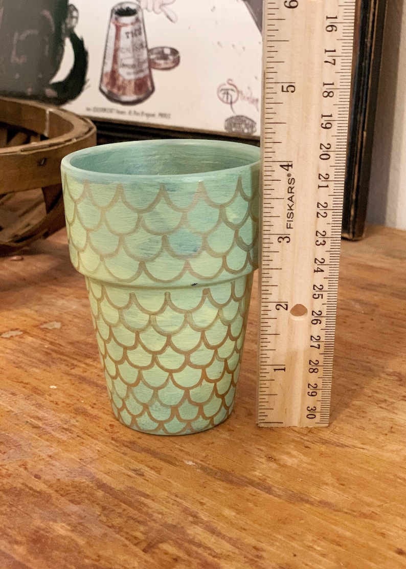 Green Mermaid Scales Hand Painted Flower Pot Small Terra Cotta Planter