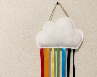 Hair Bow Holder / Hair Clip Display / Hairbow Organizer - Children's Room / Nursery Wall Decor - Cloud with Rainbow Ribbons
