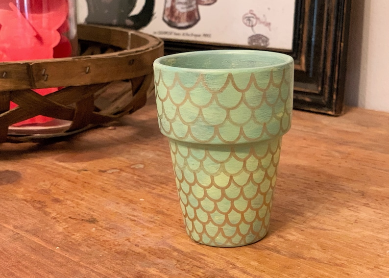 Green Mermaid Scales Hand Painted Flower Pot Small Terra Cotta Planter