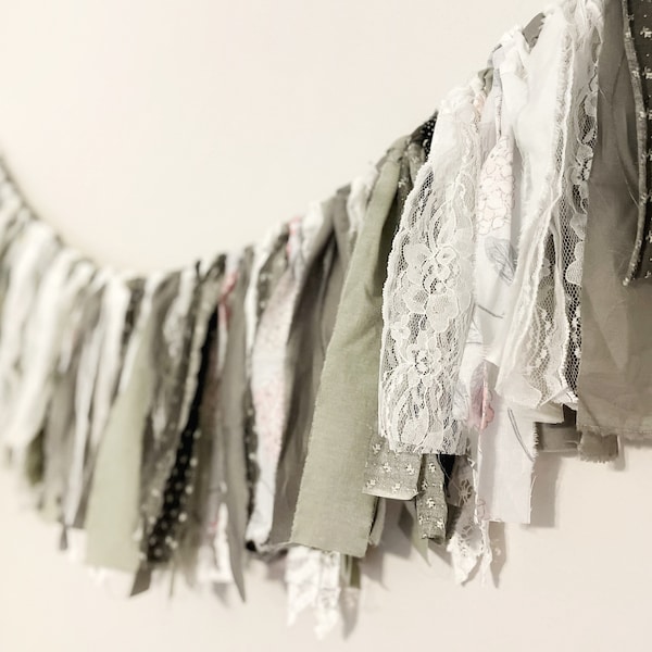 Shabby Fabric and Lace Garland for Party Decor / Weddings / Nursery Decor / Photo prop - Black, White, Gray