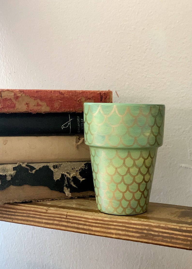 Green Mermaid Scales Hand Painted Flower Pot Small Terra Cotta Planter