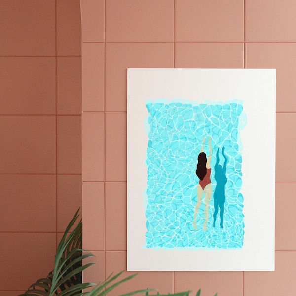 Póster de arte de natación de verano, arte de pared de piscina soleada, regalo de piscina, arte de agua azul, impresión artística de 8 x 10, 12 x 16, piscina azul (EE. UU.)