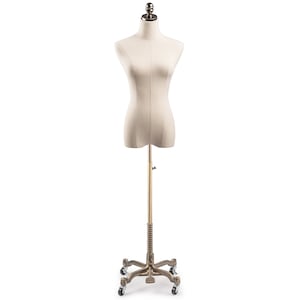 Female Display Dress Form in Natural Canvas on Heavy Duty Metal Rolling Base by TSC Bronze