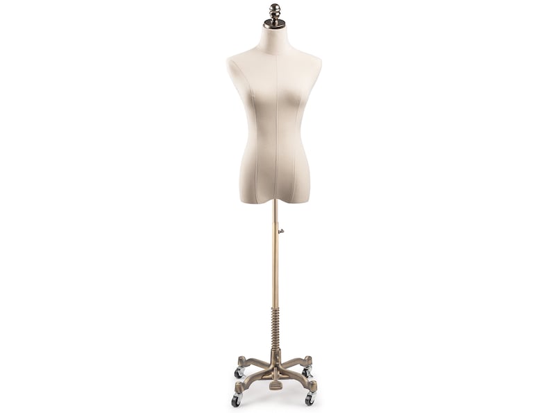 Female Display Dress Form in Natural Canvas on Heavy Duty Metal Rolling Base by TSC Bronze