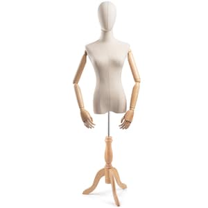 Female Display Dress Form in Natural Canvas on Traditional Wood Tripod Base by TSC (Arms & Head Edition)