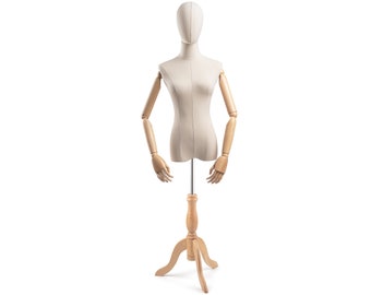 Female Display Dress Form in Natural Canvas on Traditional Wood Tripod Base by TSC (Arms & Head Edition)