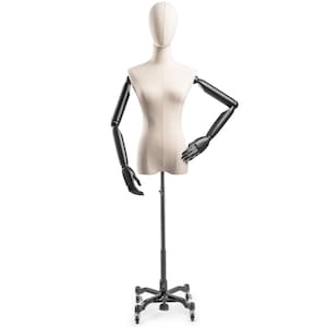 Female Display Dress Form in Natural Canvas on Heavy Duty Metal Rolling Base by TSC (Arms & Head Edition)