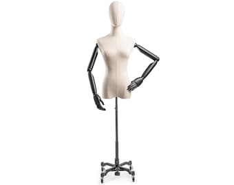 Female Display Dress Form in Natural Canvas on Heavy Duty Metal Rolling Base by TSC (Arms & Head Edition)