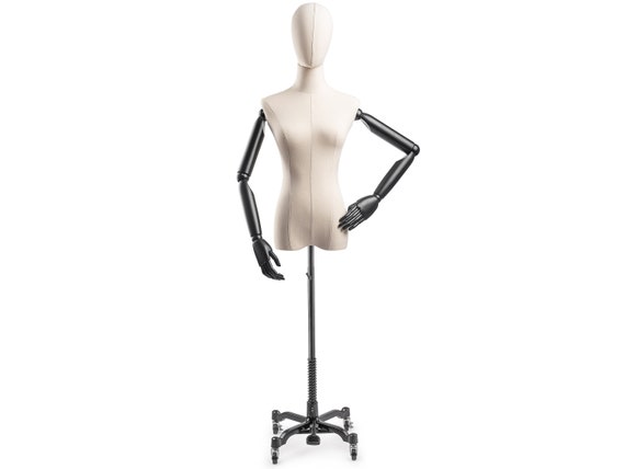 Female Display Dress Form Mannequin in Natural Canvas on Metal Rolling Base  by TSC-Medium-Black