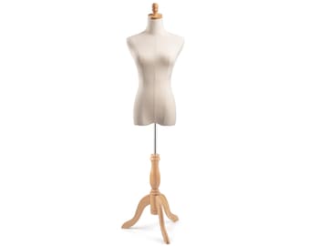 Female Display Dress Form in Natural Canvas on Traditional Wood Tripod Base by TSC