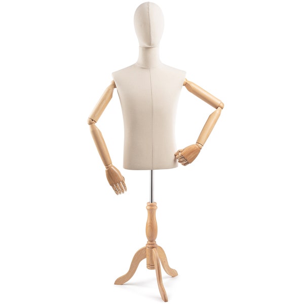 Male Display Dress Form in Natural Canvas on Traditional Wood Tripod Base by TSC (Arms & Head Edition)