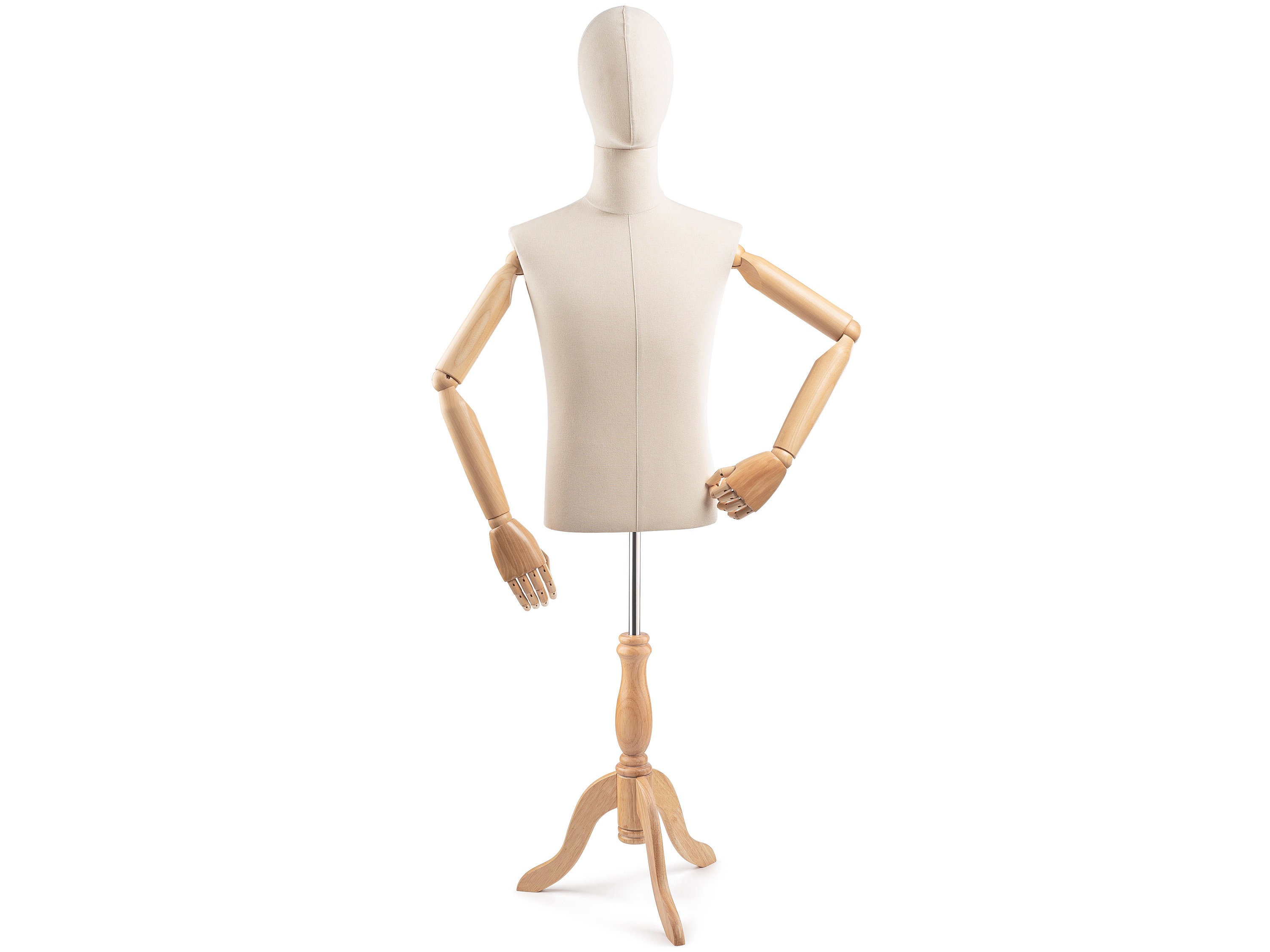 Male Display Dress Form in Natural Canvas on Traditional Wood Tripod Base by TSC (Arms & Head Edition)