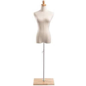 Female Display Dress Form in Natural Canvas on Modern Wood Flat Base by TSC