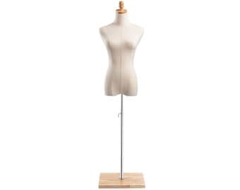 Female Display Dress Form in Natural Canvas on Modern Wood Flat Base by TSC