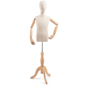 Child Display Dress Form in Natural Canvas on Traditional Wood Tripod Base by TSC (Arms & Head Edition)