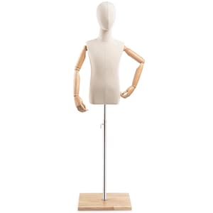 Child Display Dress Form in Natural Canvas on Modern Wood Flat Base by TSC (Arms & Head Edition)