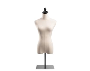 Female Display Dress Form in Natural Canvas on Metal Tabletop Base by TSC