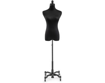 Female Display Dress Form in Black Jersey on Heavy Duty Metal Rolling Base by TSC