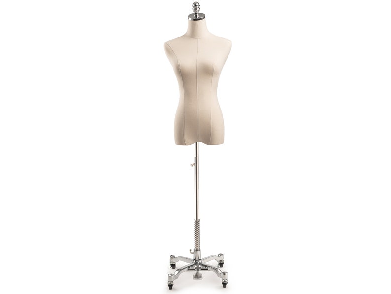 Female Display Dress Form in Natural Canvas on Heavy Duty Metal Rolling Base by TSC Silver