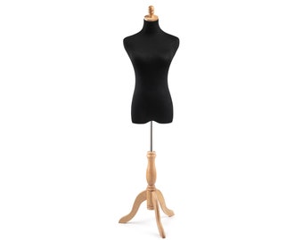 Female Display Dress Form in Black Jersey on Traditional Wood Tripod Base by TSC