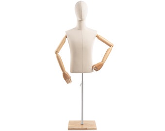 Male Display Dress Form in Natural Canvas on Modern Wood Flat Base by TSC (Arms & Head Edition)