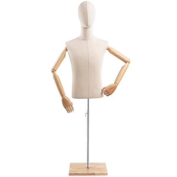 Male Display Dress Form in Natural Canvas on Modern Wood Flat Base by TSC (Arms & Head Edition)