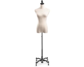 Female Display Dress Form in Natural Canvas/ Tweed on Heavy Duty Metal Rolling Base by TSC