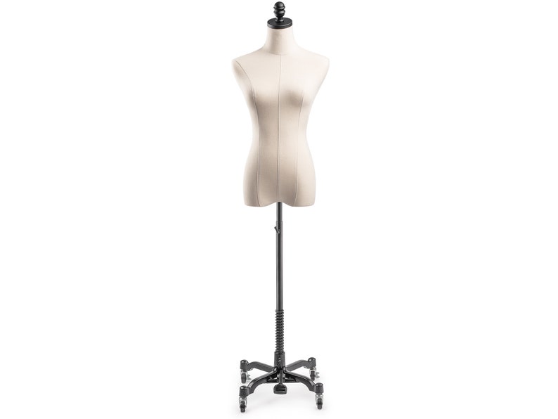 Female Display Dress Form in Natural Canvas on Heavy Duty Metal Rolling Base by TSC Black