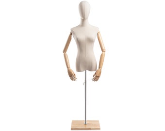 Female Display Dress Form in Natural Canvas on Modern Wood Flat Base by TSC (Arms & Head Edition)