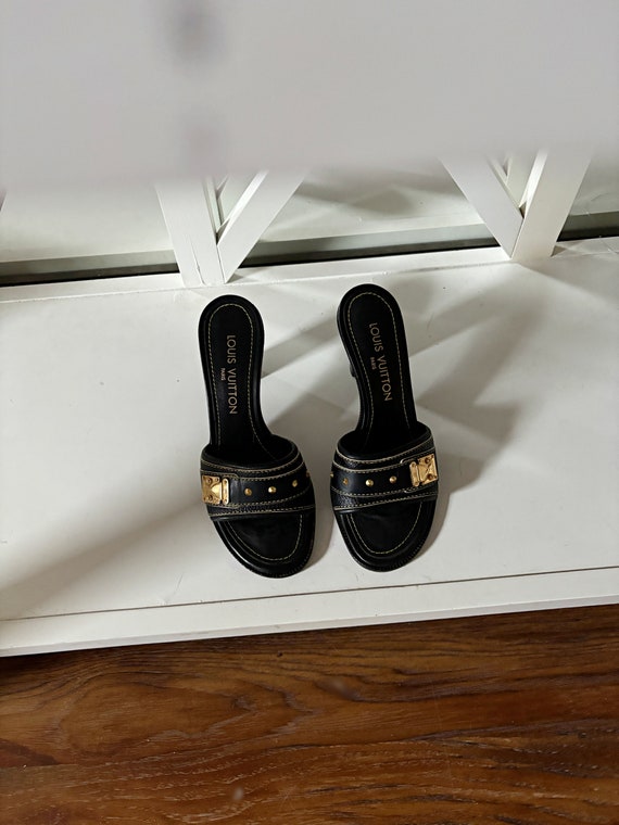 Vintage US Size 6 LOUIS VUITTON Black Suhali Chunky Heel Slide