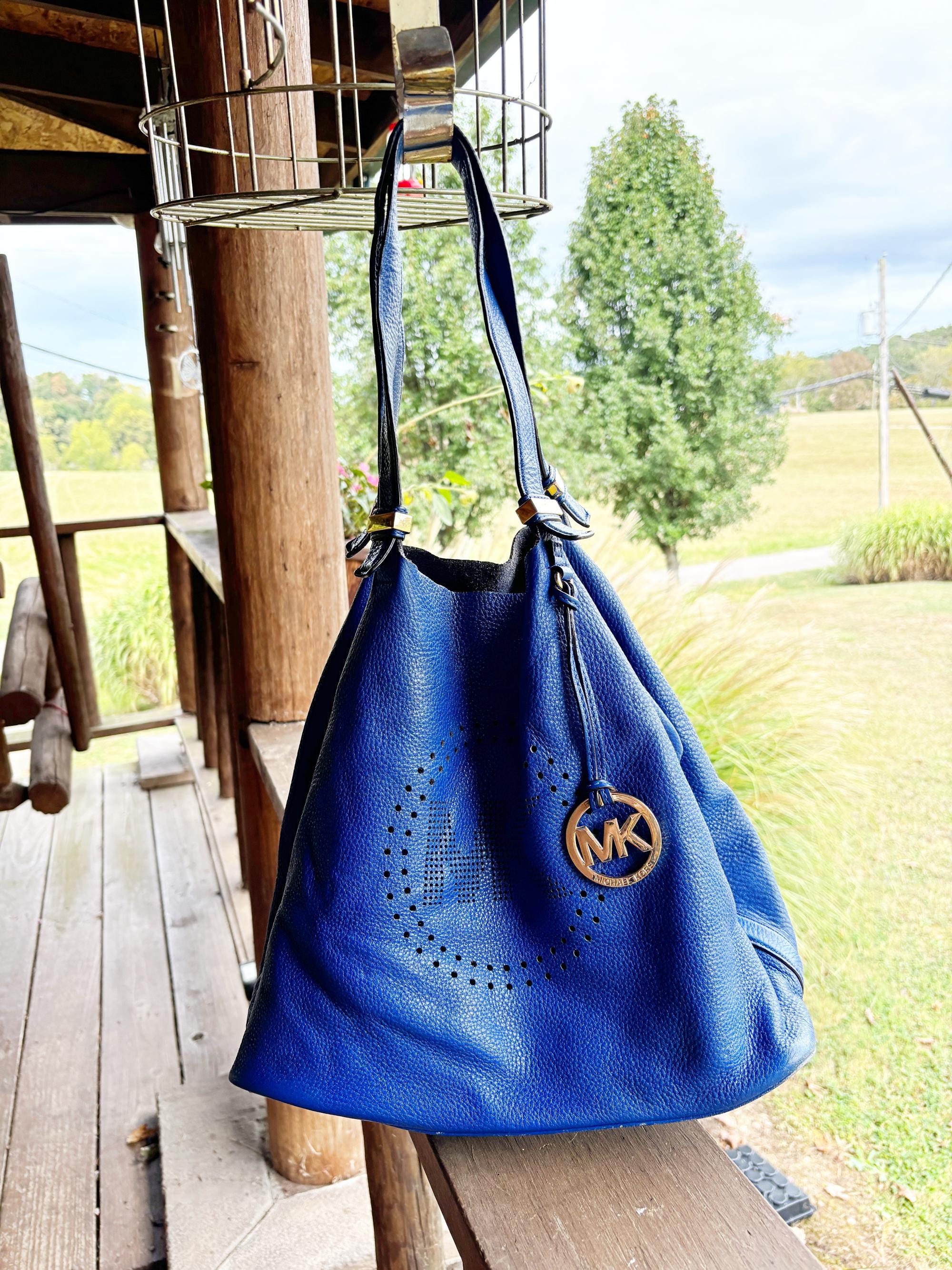 Vintage Michael Kors Blue LEATHER Perforated Logo Tote Bag