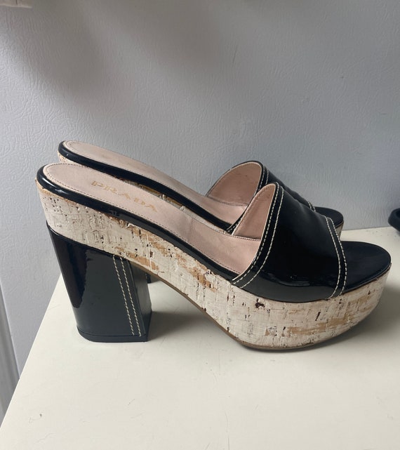 Sexy Italian Prada Black Patent Leather Cork Platf