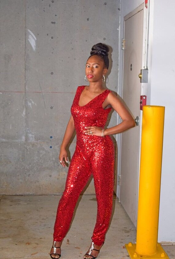 Custom Red Sequin Jumpsuit Bodysuit Etsy