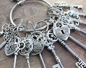 12 Large Skeleton Keys and 4 Lock On A Big Ring Antique Silver