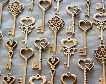 50 Heart Skeleton Key Collection Antiqued Brass Wedding Key Wholesale Lot Bulk Keys Of Spring