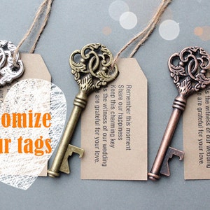 50 Sets Customizable Tags&Keys 50 Tags With Antiqued Copper Bottle Openers Mix Wedding Favor Multiple Quantities Variety of Skeleton Keys image 2