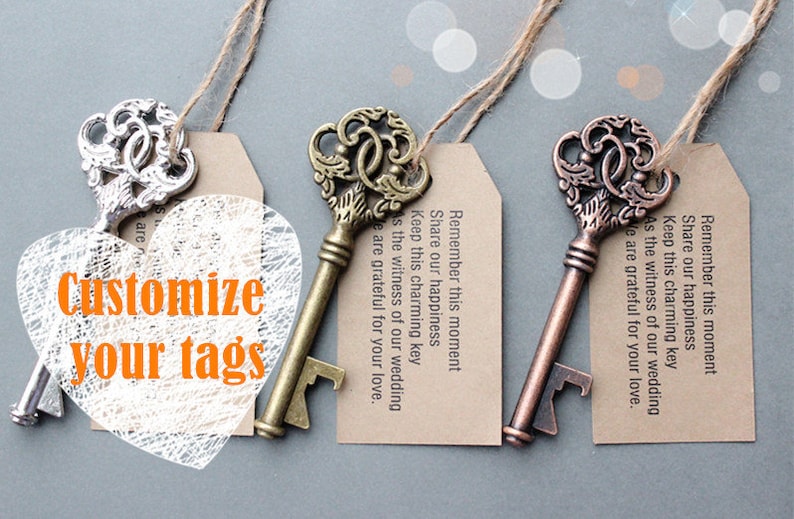 50 Sets Customizable Tags&Keys 50 Tags With Antiqued Copper Bottle Openers Mix Wedding Favor Multiple Quantities Variety of Skeleton Keys image 2