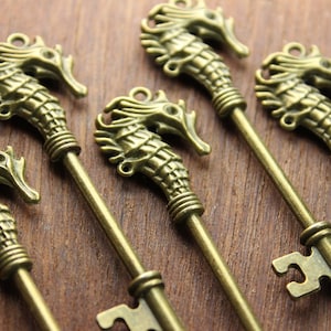 5 pcs Seahorse Key Charms Antique Brass Double sided steampunk