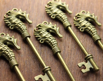 5 pcs Seahorse Key Charms Antique Brass Double sided steampunk