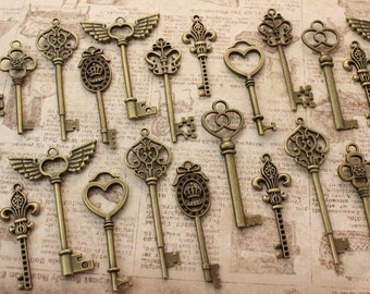 80 Key of Romantic Antique Brass Skeleton Keys Collection Wing