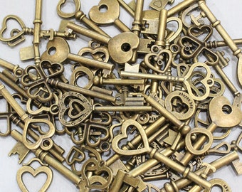 8 oz 1/2 Pound Heart Skeleton Keys Mix Antique Brass wholesale wedding decorations Jewelry Making Beads, Charm and Pendant