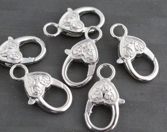 Large Heart Lobster Claw Clasps Silver Tone Lobster 5 Pieces