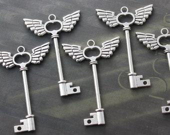 10 angel wing Keys Double sided Antique Silver Steampunk Supplies Wedding Key wholesale lot bulk