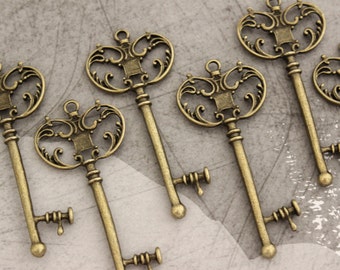 10 pcs Large Antique Brass Double sided skeleton Key Charm Steampunk Supplies Wedding Key wholesale lot bulk