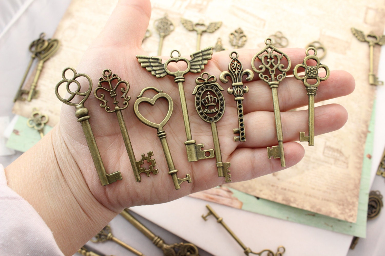 80 Key of Romantic Antique Brass Skeleton Keys Collection Wing Heart ...