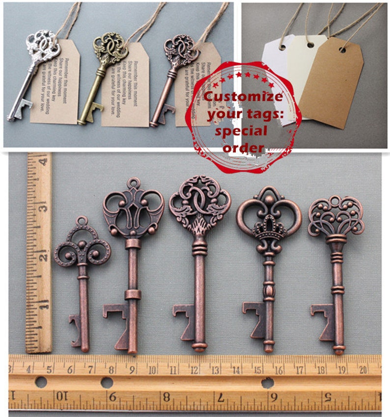 50 Sets Customizable Tags&Keys 50 Tags With Antiqued Copper Bottle Openers Mix Wedding Favor Multiple Quantities Variety of Skeleton Keys image 1